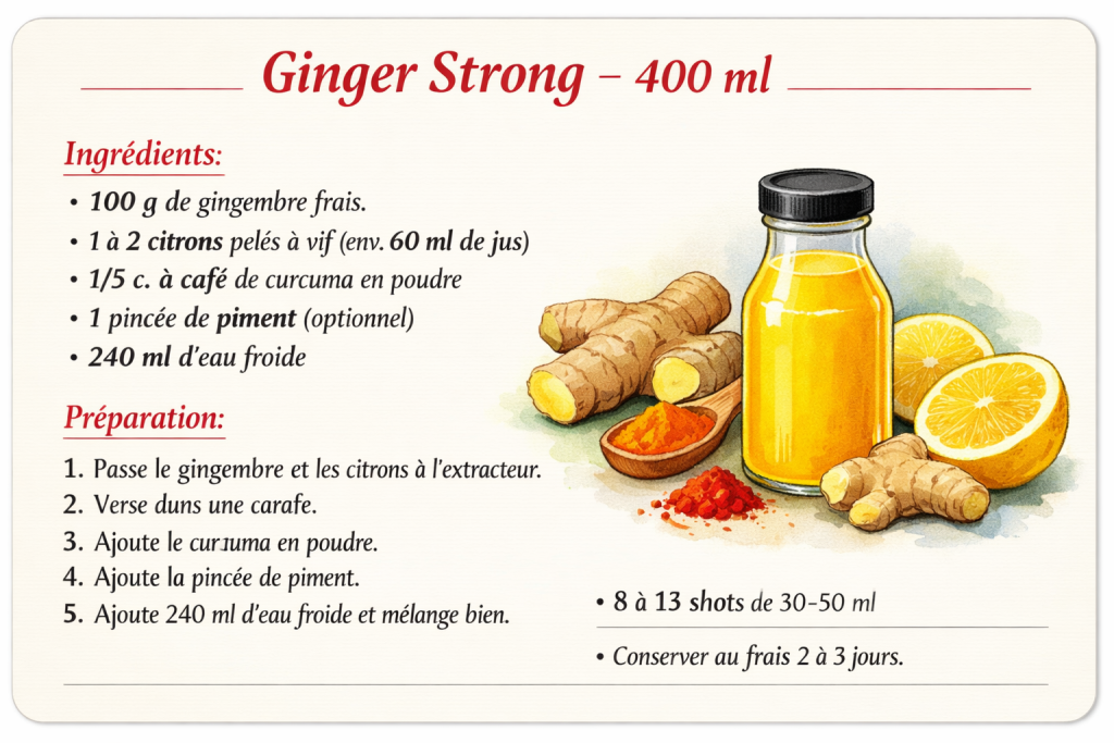 Verre de Ginger Strong au gingembre, citron et curcuma, recette Slow Food inspirée d’une marche en forêt.